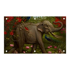 Jungle Of Happiness Painting Peacock Elephant Banner And Sign 5  X 3  by Cemarart