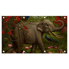 Jungle Of Happiness Painting Peacock Elephant Banner And Sign 7  X 4  by Cemarart