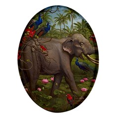 Jungle Of Happiness Painting Peacock Elephant Oval Glass Fridge Magnet (4 Pack) by Cemarart