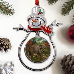 Jungle Of Happiness Painting Peacock Elephant Metal Snowman Ornament by Cemarart