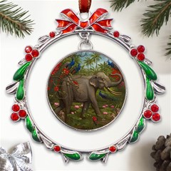 Jungle Of Happiness Painting Peacock Elephant Metal X mas Wreath Ribbon Ornament by Cemarart