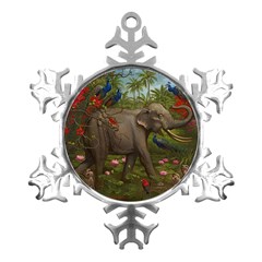 Jungle Of Happiness Painting Peacock Elephant Metal Small Snowflake Ornament by Cemarart