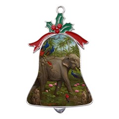 Jungle Of Happiness Painting Peacock Elephant Metal Holly Leaf Bell Ornament by Cemarart