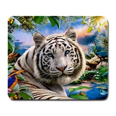 White Tiger Peacock Animal Fantasy Water Summer Large Mousepad by Cemarart