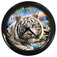 White Tiger Peacock Animal Fantasy Water Summer Wall Clock (black) by Cemarart