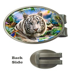 White Tiger Peacock Animal Fantasy Water Summer Money Clips (oval)  by Cemarart