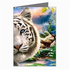 White Tiger Peacock Animal Fantasy Water Summer Greeting Card by Cemarart