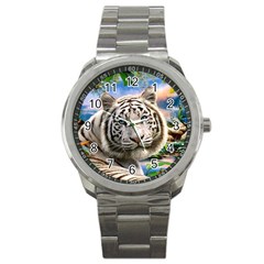 White Tiger Peacock Animal Fantasy Water Summer Sport Metal Watch by Cemarart