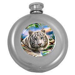 White Tiger Peacock Animal Fantasy Water Summer Round Hip Flask (5 Oz) by Cemarart