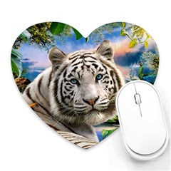 White Tiger Peacock Animal Fantasy Water Summer Heart Mousepad by Cemarart