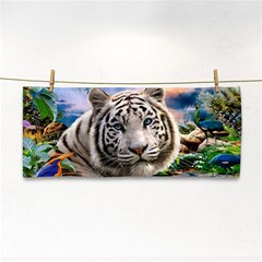 White Tiger Peacock Animal Fantasy Water Summer Hand Towel by Cemarart