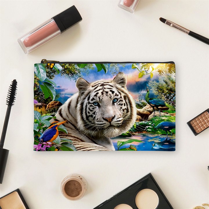 White Tiger Peacock Animal Fantasy Water Summer Cosmetic Bag (Medium)