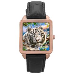 White Tiger Peacock Animal Fantasy Water Summer Rose Gold Leather Watch  by Cemarart