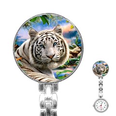 White Tiger Peacock Animal Fantasy Water Summer Stainless Steel Nurses Watch by Cemarart