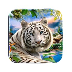 White Tiger Peacock Animal Fantasy Water Summer Square Metal Box (black)