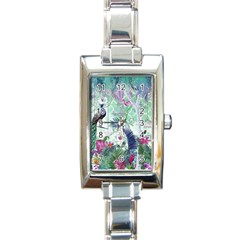 Peacock Parrot Bird Pattern Exotic Summer Green Flower Jungle Paradise Rectangle Italian Charm Watch by Cemarart