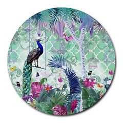 Peacock Parrot Bird Pattern Exotic Summer Green Flower Jungle Paradise Round Mousepad by Cemarart