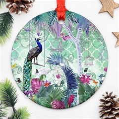 Peacock Parrot Bird Pattern Exotic Summer Green Flower Jungle Paradise Ornament (round) by Cemarart