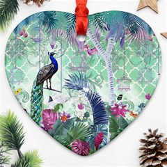 Peacock Parrot Bird Pattern Exotic Summer Green Flower Jungle Paradise Ornament (heart) by Cemarart