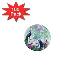 Peacock Parrot Bird Pattern Exotic Summer Green Flower Jungle Paradise 1  Mini Magnets (100 Pack)  by Cemarart