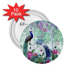 Peacock Parrot Bird Pattern Exotic Summer Green Flower Jungle Paradise 2 25  Buttons (10 Pack)  by Cemarart