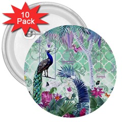 Peacock Parrot Bird Pattern Exotic Summer Green Flower Jungle Paradise 3  Buttons (10 Pack)  by Cemarart