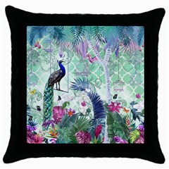 Peacock Parrot Bird Pattern Exotic Summer Green Flower Jungle Paradise Throw Pillow Case (black) by Cemarart