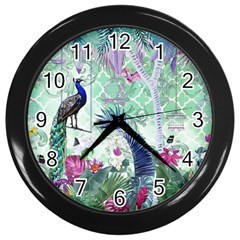 Peacock Parrot Bird Pattern Exotic Summer Green Flower Jungle Paradise Wall Clock (black) by Cemarart