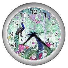 Peacock Parrot Bird Pattern Exotic Summer Green Flower Jungle Paradise Wall Clock (silver) by Cemarart