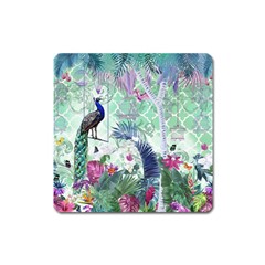 Peacock Parrot Bird Pattern Exotic Summer Green Flower Jungle Paradise Square Magnet by Cemarart