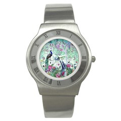 Peacock Parrot Bird Pattern Exotic Summer Green Flower Jungle Paradise Stainless Steel Watch by Cemarart