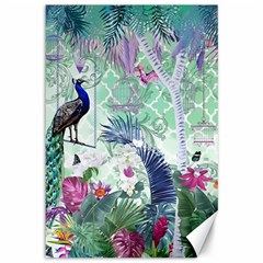 Peacock Parrot Bird Pattern Exotic Summer Green Flower Jungle Paradise Canvas 12  X 18 