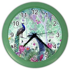 Peacock Parrot Bird Pattern Exotic Summer Green Flower Jungle Paradise Color Wall Clock by Cemarart