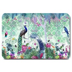 Peacock Parrot Bird Pattern Exotic Summer Green Flower Jungle Paradise Large Doormat by Cemarart