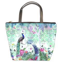 Peacock Parrot Bird Pattern Exotic Summer Green Flower Jungle Paradise Bucket Bag by Cemarart