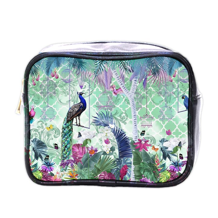 Peacock Parrot Bird Pattern Exotic Summer Green Flower Jungle Paradise Mini Toiletries Bag (One Side)