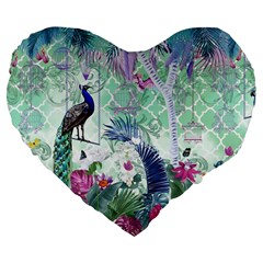 Peacock Parrot Bird Pattern Exotic Summer Green Flower Jungle Paradise Large 19  Premium Heart Shape Cushions by Cemarart