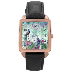 Peacock Parrot Bird Pattern Exotic Summer Green Flower Jungle Paradise Rose Gold Leather Watch  by Cemarart