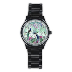 Peacock Parrot Bird Pattern Exotic Summer Green Flower Jungle Paradise Stainless Steel Round Watch