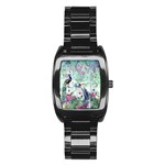 Peacock Parrot Bird Pattern Exotic Summer Green Flower Jungle Paradise Stainless Steel Barrel Watch Front