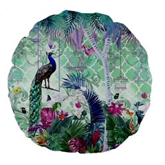 Peacock Parrot Bird Pattern Exotic Summer Green Flower Jungle Paradise Large 18  Premium Flano Round Cushions