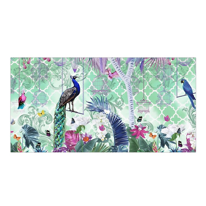 Peacock Parrot Bird Pattern Exotic Summer Green Flower Jungle Paradise Satin Shawl 45  x 80 