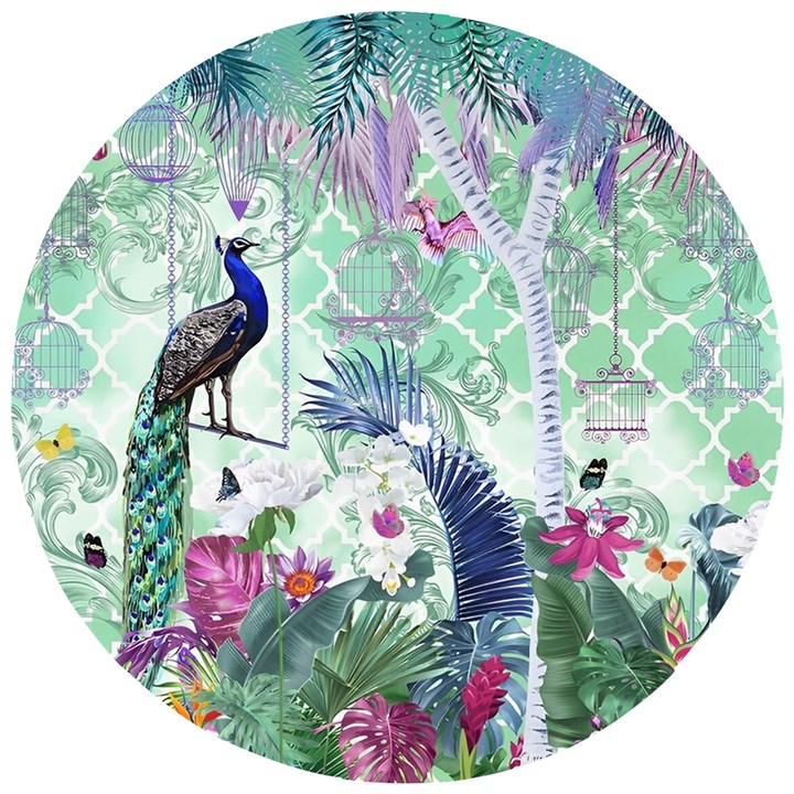 Peacock Parrot Bird Pattern Exotic Summer Green Flower Jungle Paradise Wooden Puzzle Round