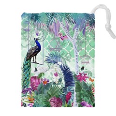 Peacock Parrot Bird Pattern Exotic Summer Green Flower Jungle Paradise Drawstring Pouch (4xl) by Cemarart