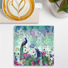 Peacock Parrot Bird Pattern Exotic Summer Green Flower Jungle Paradise Uv Print Square Tile Coaster  by Cemarart