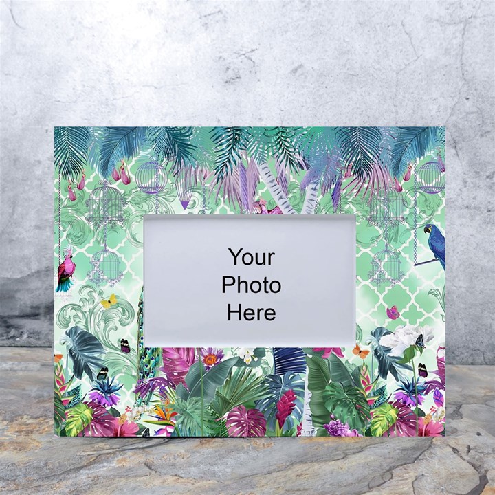 Peacock Parrot Bird Pattern Exotic Summer Green Flower Jungle Paradise White Tabletop Photo Frame 4 x6 