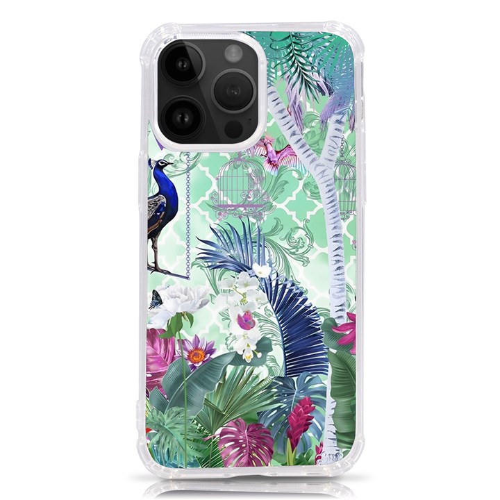 Peacock Parrot Bird Pattern Exotic Summer Green Flower Jungle Paradise iPhone 14 Pro Max TPU UV Print Case