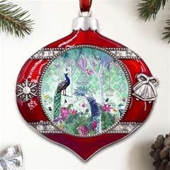 Peacock Parrot Bird Pattern Exotic Summer Green Flower Jungle Paradise Metal Snowflake And Bell Red Ornament by Cemarart