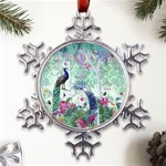 Peacock Parrot Bird Pattern Exotic Summer Green Flower Jungle Paradise Metal Large Snowflake Ornament Front