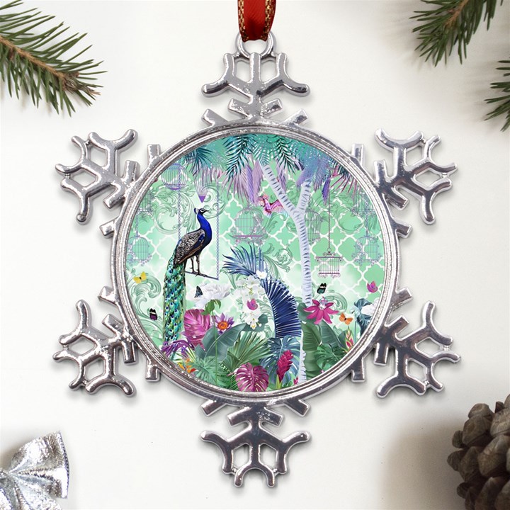 Peacock Parrot Bird Pattern Exotic Summer Green Flower Jungle Paradise Metal Large Snowflake Ornament